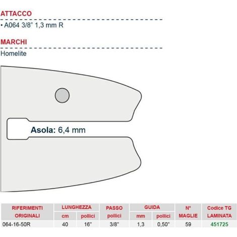 Barra motosega da legna lunghezza 40 cm per catena maglie 57 451725