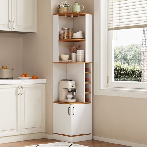 Meuble à vin d'angle 40 x 40 x 182 cm avec porte-verres, rangement cuisine blanc HAVRYA (1/5)