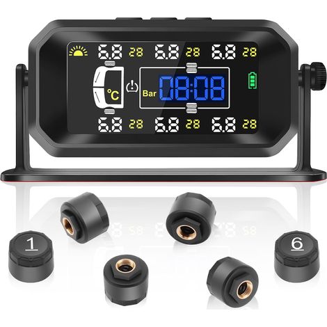 Système Surveillance Pression Pneus,6 Capteurs,8bar/116psi & Température Compatible avec Poids Lourds/Camping-Cars/Autocars,Charge Solaire/USB (1/5)