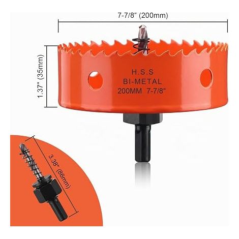 Scie de trou 200mm HSS M42 orange Scie de trou bi-métal avec jarret et bit de forage avec 35mm de profondeur de coupe pour le bois, la construction sèche et la tôle (1/4)