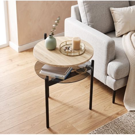 Mesita auxiliar redonda 41,8x39,8x53,5 cm con tablero de vidrio, base de madera roble y metal negro (1/5)