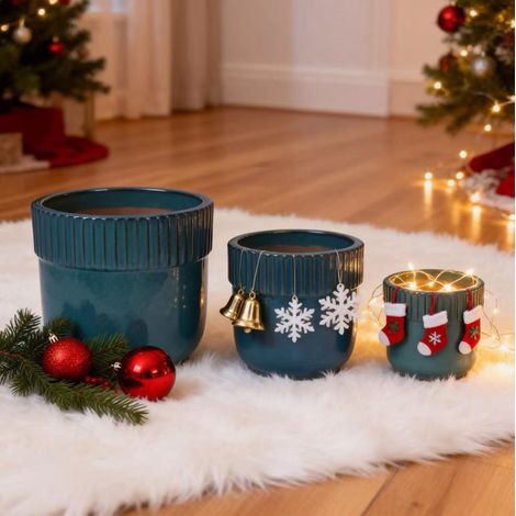 Set di 3 vasi da fiori in ceramica 38/30,5/23 cm blu turchese con drenaggio - MEUBLIV (1/5)