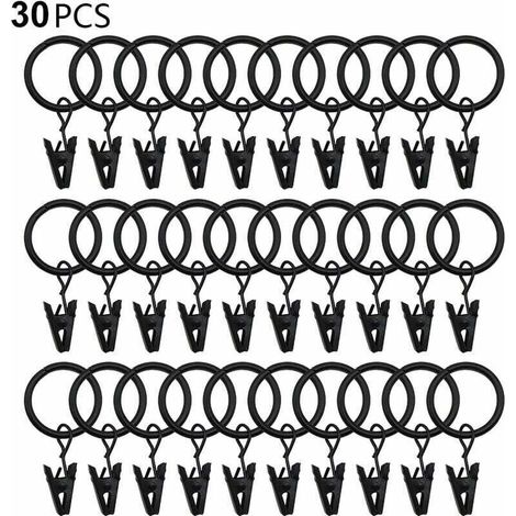 30 Gardinenringe mit Clips, stabile Gardinenclips, Metallösen mit Innendurchmesser, dekorative Gardinenaufhänger, schwarz