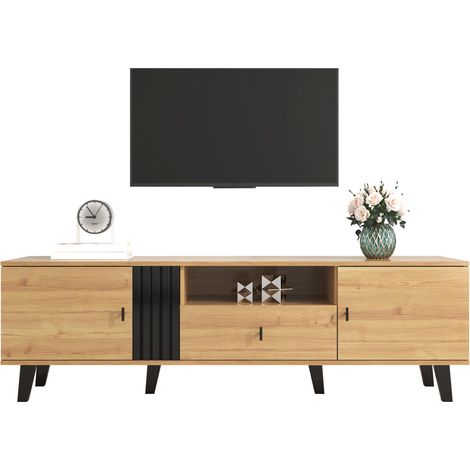 Élégance et style : meuble TV de 170 cm en bois et noir, meuble TV bas avec tiroirs, multiples fonctions de rangement, apparence unique. (1/5)