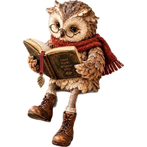 Lesende Eulenfigur aus Kunstharz, Bibliotheksdekoration mit runder Brille und baumelnden Füßen, braun