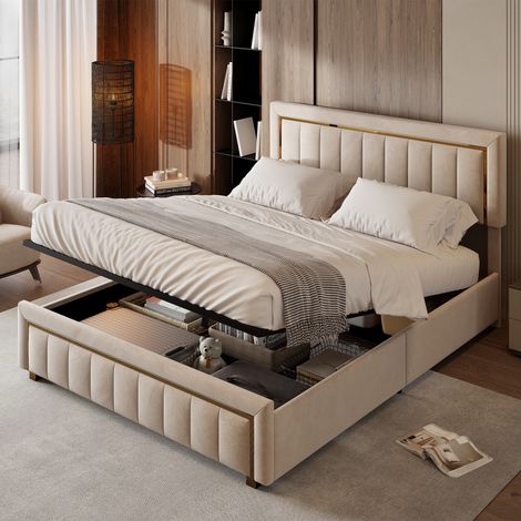 Letto Contenitore Trapuntato 140x190 cm, con Spazio di Rifornimento Idraulico, Bordato in Oro, Rete a Doghe, Letto Matrimoniale in Velluto - Beige