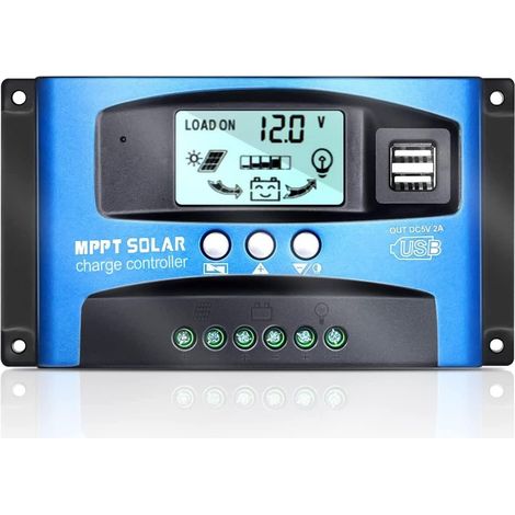 100A Contrôleur de Charge Solaire 12V 24V Auto, Régulateur Panneau Solaire 100A avec 5V Double Port USB et écran LCD pour Batteries Plomb et Lithium