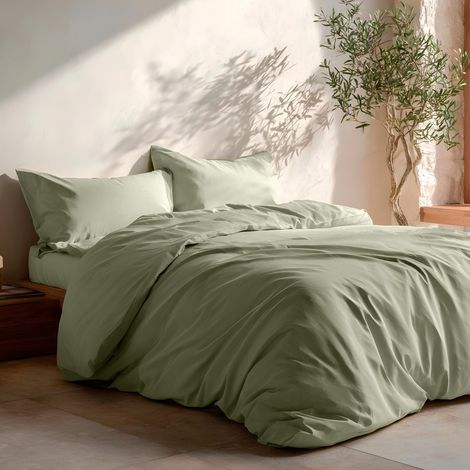 Parure de Lit 150/160, 100% Coton, Housse de Couette 240x220 cm et 2 Taies d'oreiller, Respirante, Douce, Couleur Vert (1/5)