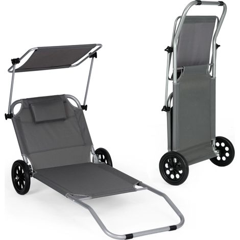 Foldable Beach Lounger with Wheels and Canopy, Grey