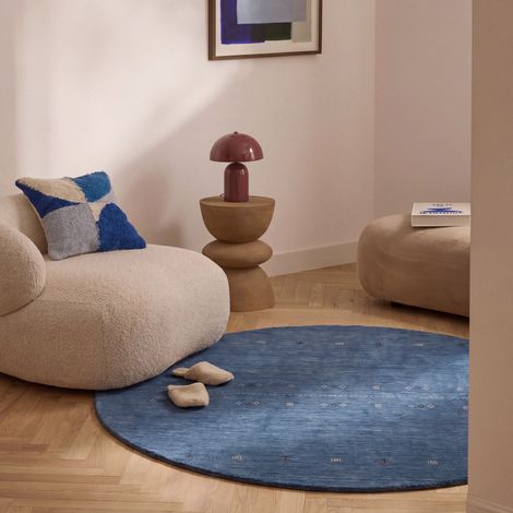 Tapis Loribaft tissé Tapis MumbaiMagic - Tapis en laine  - 200x200cm, Round - 100% Laine vierge - Tissé main - Bleu