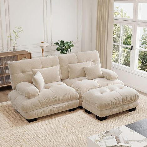 Canapé Cloud pour salon, avec 2 coussins lombaires et 2 coussins décoratifs, canapé rembourré avec accoudoirs larges et ottomane, chiné beige clair (1/5)