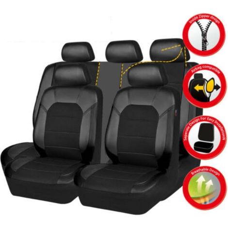 Ensemble complet de housses de siège auto 9 pièces – Cuir PU noir – Ajustement universel – Protection contre salissures et usure (1/5)