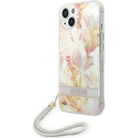 iPhone 14 Plus Guess Hartschalenetui mit Blumenmuster und Tragegurt, Lila (1/5)