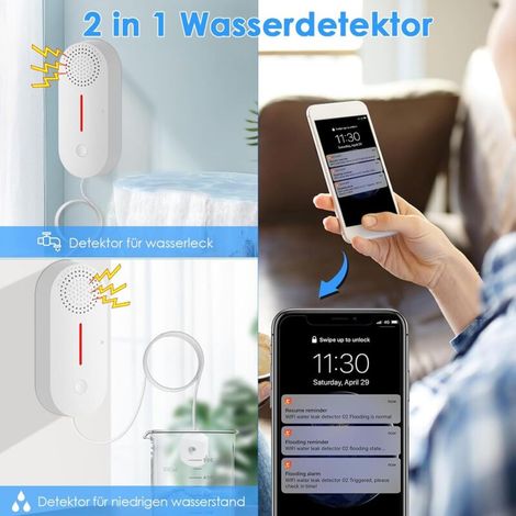 Rilevatore di perdite d'acqua Wi-Fi, rilevatore di livello dell'acqua, rilevatore d'acqua da 100 dB, sensore di allarme acqua wireless, notifiche push per smartphone tramite l'app Tuya/Smart Life (1/5)