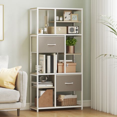 Étagère de rangement 6 niveaux, bibliothèque avec 2 tiroirs en tissu, 9 étagères ouvertes, 72,5 x 30 x 150 cm, blanc