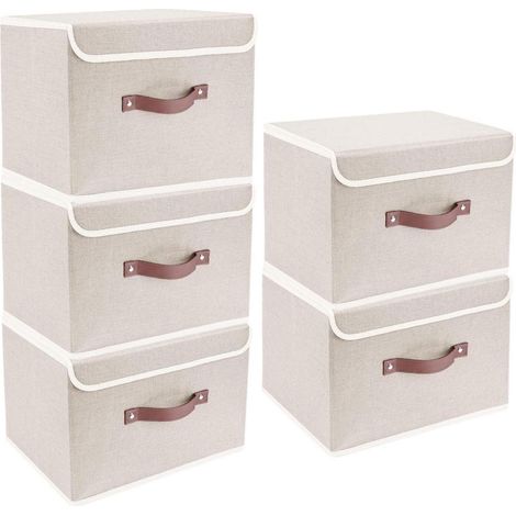 Faltbare Aufbewahrungsboxen mit Deckel, 5er Set, 38x25x25 cm, Beige (1/5)