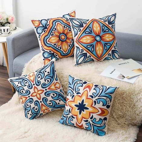Dekorativer Kissenbezug 45 x 45 cm, blaues Blumenmuster im Retro-Boho-Stil, für Sofa