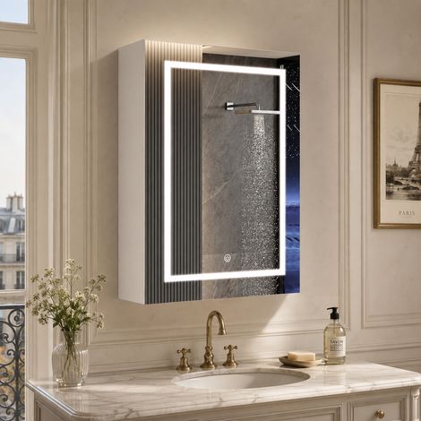 Armoire de toilette avec miroir LED 50x13x70cm, Meuble de rangement mural de salle de bain antibuée tactile, avec 2 étagères en verre réglables, Blanc (1/5)