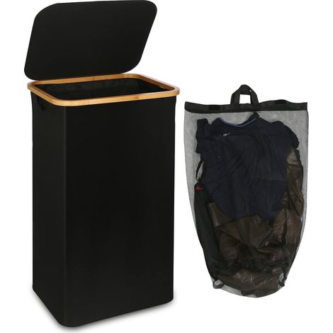 Grande cesto per la biancheria con coperchio, cesto per vestiti sporchi da 100 litri con manici in bambù per vestiti, cesto per la biancheria pieghevole con borsa interna nera (1/5)
