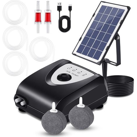 Aérateur de bassin solaire, pompe à air de bassin solaire 3W avec 2 pierres à bulles d'air, 0,9L/MIN, protection contre la surcharge, oxygénateur pour aquarium de jardin, aquarium de poisson (1/5)