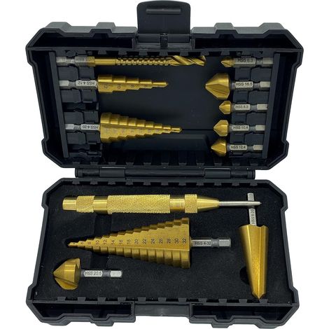 Juego de 12 brocas métricas escalonadas, avellanadoras y cónicas de titanio HSS con vástago hexagonal de 1/4", sierra multibroca y punzón central automático. (1/3)