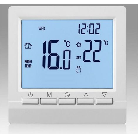 1,5-V-Gasthermostat für Heizkessel, batteriebetriebener Temperaturregler mit weißer Hintergrundbeleuchtung, programmierbar (Wochenprogrammierung) (1/4)