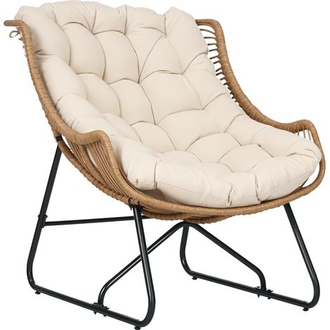 Gartenlounge, Rattanoptik, Outdoor-Sessel mit Kissen, Metallgestell, 75 x 101 x 90 cm, Natur/Khaki/Schwarz