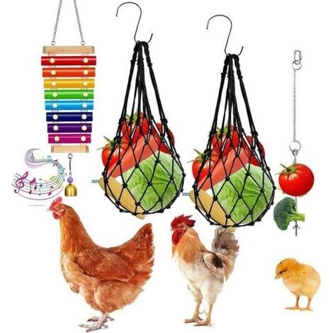 Accessoire poulailler Lot de 4 jouets de poulet xylophone pour poulailler, brochettes de légumes, porte-fruits, mangeoire suspendue pour légumes pour accessoires de poulailler, jouets de cloches de po (1/5)