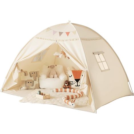 Tentes d'intérieur pour Enfants : tentes de Jeu pour Enfants, lit jumeau, tipi avec Drapeaux pour garçons et Filles – Maison de Jeu à l'intérieur pour Salle de Jeux (crème)