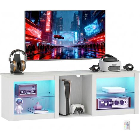 70in TV Stand, with LED Lights and Storage - White (1/5)