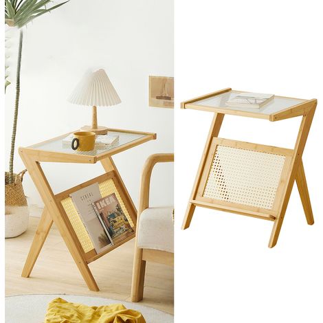 Table d'appoint pour canapé avec support en bambou et plateau en verre, table de chevet décorative moderne, décoration intérieure (1/5)