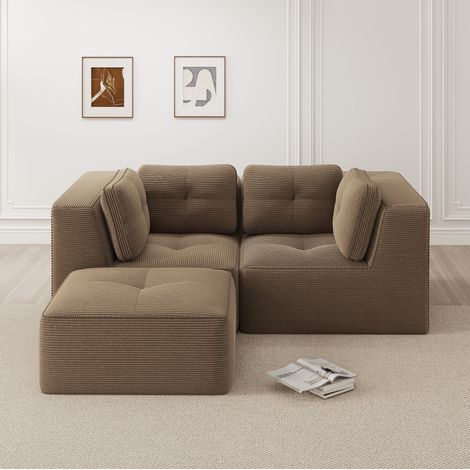 Sofá esquinero 208x177x69 cm en terciopelo de pana marrón, modular para salón o dormitorio