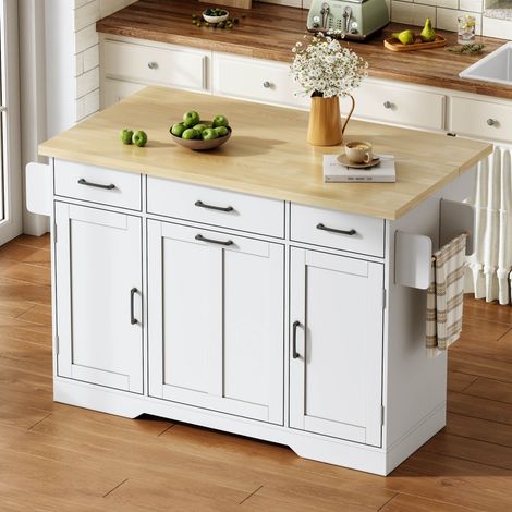 Modernluxe - Îlot central de cuisine avec table rabattable, 3 portes et 3 tiroirs, poubelle intégrée - blanc (1/5)