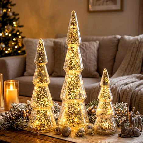 LED Glas Tannenbaum 3er Set silber batteriebetrieben mit Timer - 29 / 23 / 15 cm - Weihnachtsbaum warm weiß beleuchtet 3 Größen mit Bruchglas Optik