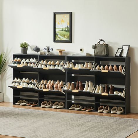 Meuble à chaussures 120x24 cm avec façade cannelée, hauteur réglable, antidévissant, table de décoration pour entrée, noir (1/5)