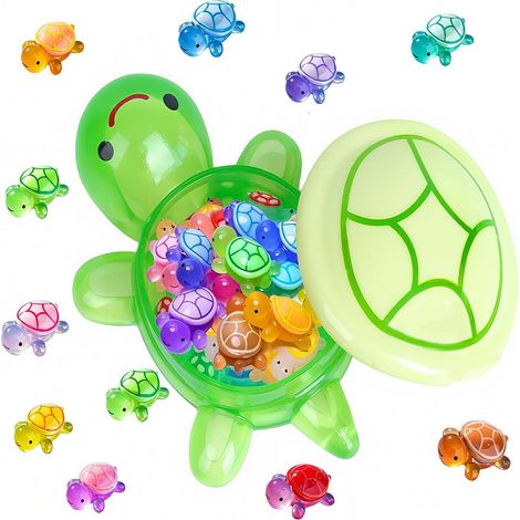 Famille de tortues lumineuses XXL : 1 x grande tortue mère (17 cm, avec compartiment de rangement) + 50 x mini tortues phosphorescentes – Décoration en résine résistante aux intempéries pour (1/5)
