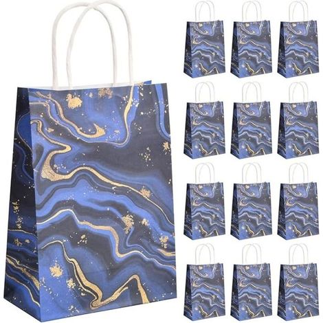 20PCS Pochettes Cadeau Papier, Sacs Cadeaux avec Poignées, Sac de Fête en Papier, Sacs de Bonbons, Pochettes Cadeaux Marbrure pour Anniversaire Mariage Fête Cadeau Emballage (Bleu) (1/4)