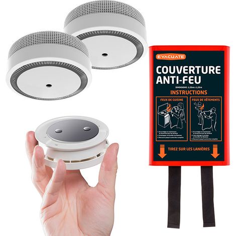 EVACUATE Pack 2 détecteurs de fumée + 2 supports aimantés + 1 couverture anti-feu (1/5)