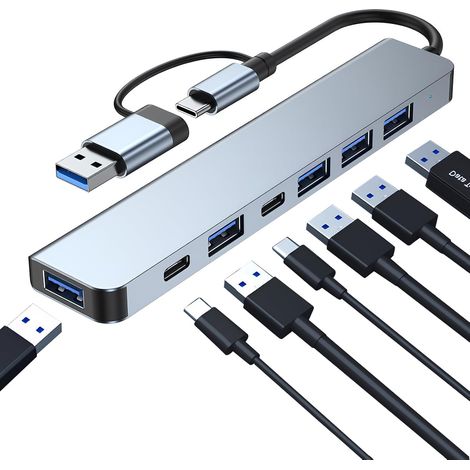 Hub USB C 3.0, Adaptateur Multipuerto 7 en 1 avec USB3.0 2.0 PD5W, Hub USB Double 7-en-1 pour PC Ordinateurs Portables Consoles de Jeux (1/5)