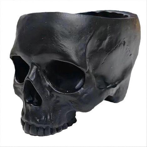 Schwarzer Halloween-Totenkopf-Blumentopf, gruselige Heimdekoration, Designer-Pflanzgefäß für den Innenbereich, gotische Festtagsdekoration, einzigartiges Stück für eine schaurig-schöne Atmosphäre. (1/5)