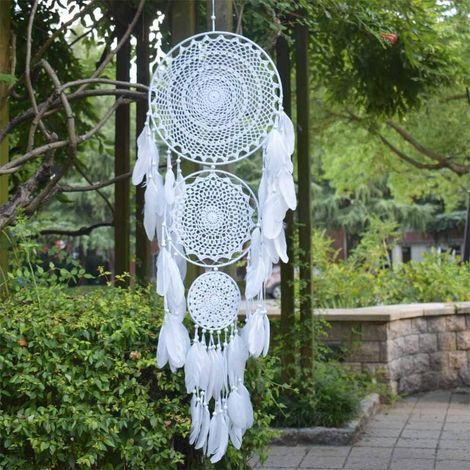 Grand Attrape Rêves avec 3 Cercles, Plumes Blanches macramé à Suspendre pour décoration de Mariage Vintage Cercle (1/5)
