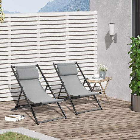 Set di 2 lettini prendisole pieghevoli in alluminio con schienale e poggiatesta regolabili in 5 posizioni, 58x96,5x91,5 cm, colore grigio.