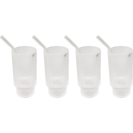 4-teiliges Set Vintage-Trinkgläser, stapelbar, wunderschön, für Kaffee, Eiskaffee, Saft und Bier, 473 ml (16 oz), vertikale Maserung, 4 Strohhalme (1/5)
