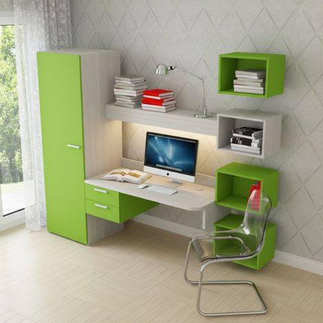 Scrivania sospesa design con mensola luminosa, pensili e armadio - Rovere rock (1/5)