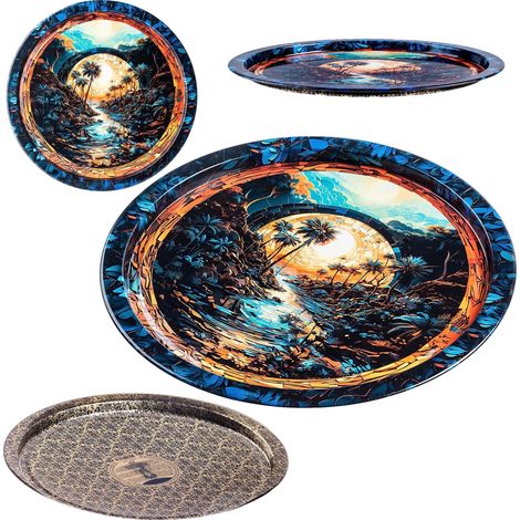 Bandeja circular, 32,5 cm de diámetro, material metálico, diseño litografiado, temática tropical, fácil de limpiar. (1/5)