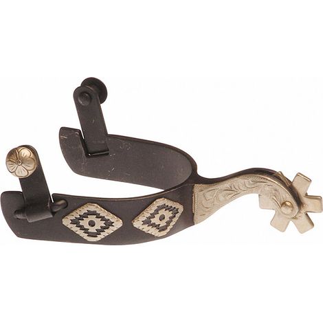 Speroni western in ferro brunito nero con decorazioni argento a rombi