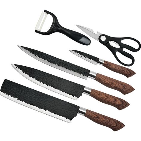 Ensemble de 6 couteaux martelés multifonctions et ergonomiques en acier inoxydable martelé avec manche en bois pour la cuisine domestique (1/5)