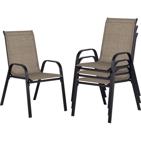 Lot de 4 Chaises de Jardin Fauteuils Chaises de Salle à Manger à Dossier Haut Empilables Structure Métallique Ergonomiques Charge Max 135 kg pour Jardin et Terrasse Marron