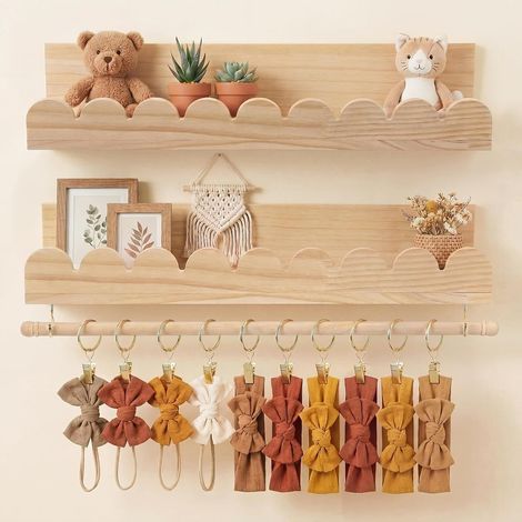 Lot de 2 étagères murales en bois, design flottant avec barre transversale, rangement et décoration murale pour chambre d’enfant, cuisine, salon et salle de bain (1/5)