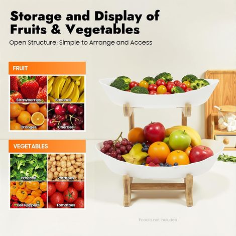 2 Tier Fruit Bowl, Fruit Baskets for Kitchen Countertop with Wooden Bamboo Stand and Detachable Bowls, Serving Tray for Food, Perfect for Holding Fruit, Vegetables, Snacks (White) (1/5)
